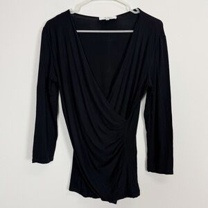 Max Mara Faux Wrap Top Womens Medium Black V-Neck Stretch Made in Italy